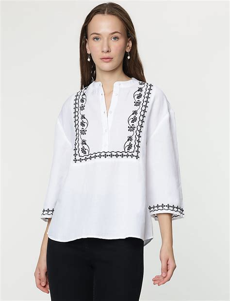 Buy Linen Rich Embroidered Mandarin Neck Tunic at Marks & Spencer