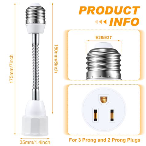 Buy E26/E27 Light Socket to Plug Adapter 3 Prong, Goose Neck Outlet ...