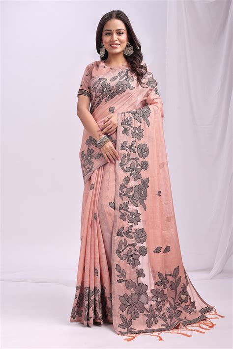 Buy Pum Peach Woven Linen Cotton Saree Online - MySilkLove