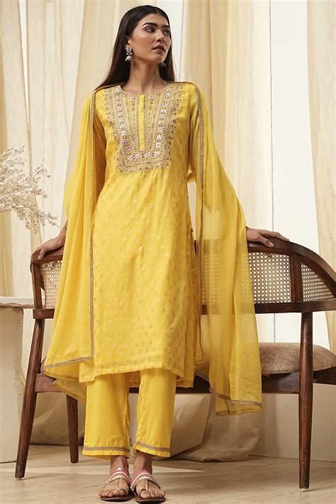Buy Yellow Embroidered Straight Suit Set Online at Biba India