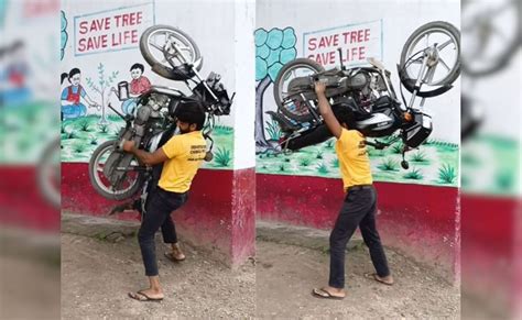 बाइक चलाने की जगह कंधों पर उठाकर ले गया शख्स, देख लोग बोले- भाई इसने तो ...