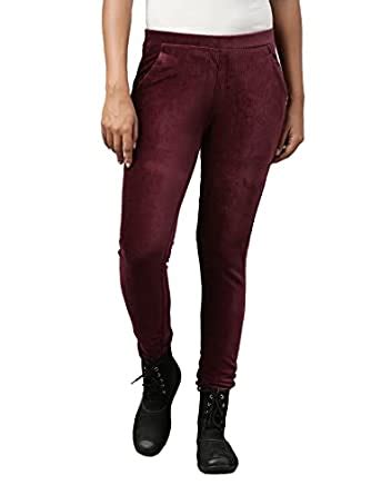 GO COLORS Women Solid Maroon Mid Rise Corduroy Treggings - XL : Amazon ...