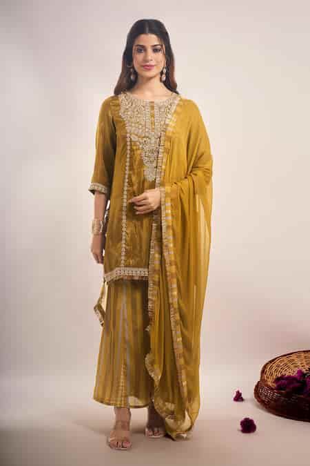 Buy Olive Green Tissue, Chinon, Silk, Chiffon Zari, Shimmer Dori ...
