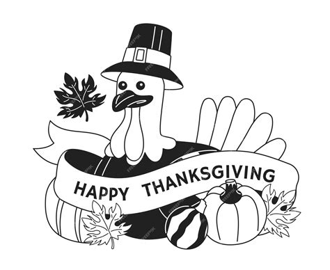 Premium Vector | Fall thanksgiving pilgrim turkey black and white 2D ...