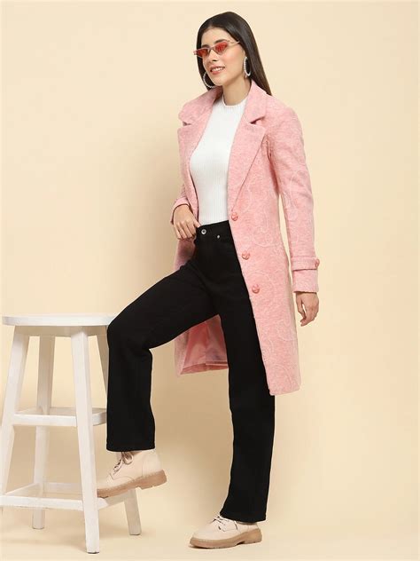 Pink Self Design Long Winter Coat – Global Republic