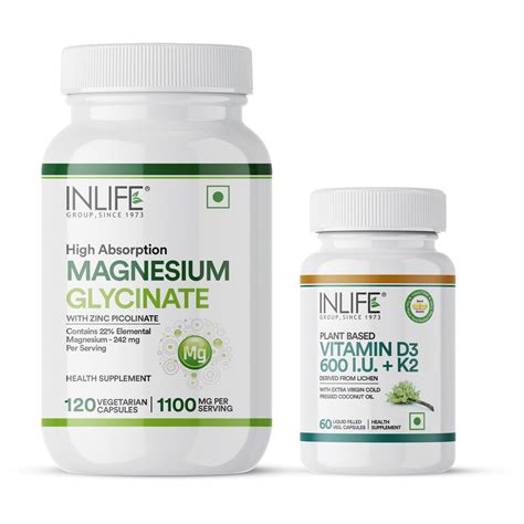 Inlife Plant-Based Vitamin D3 + K2 and Magnesium Glycinate with Zinc ...