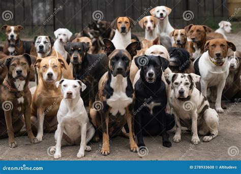 A Pack of Dogs Sitting in a Circle, with Their Heads Turned and Looking ...