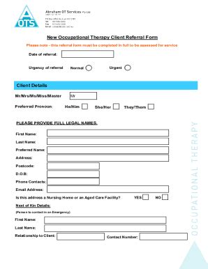 Fillable Online New Occupational Therapy Client Referral Form Client ...