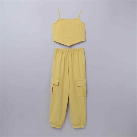 Sleeveless solid crop top and jogger co-ord set-Yellow – taffykids