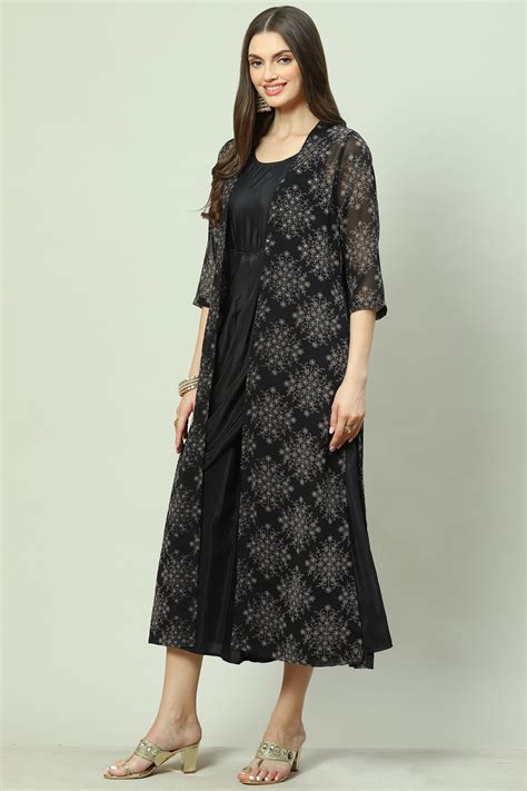 Black Art Silk Front Open 2 Piece Set