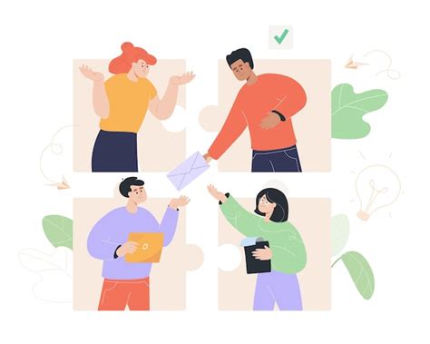 People connecting puzzle online flat vector illustration. employees ...