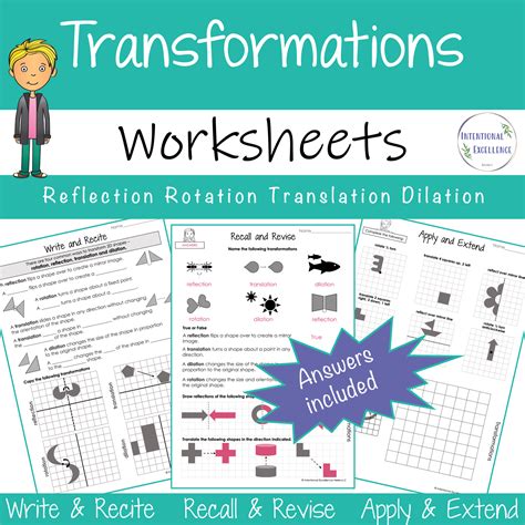 2D Transformations WORKSHEETS Dilation Reflection Rotation Translation ...