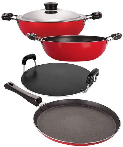 Nirlon Aluminium Cookware Set, 4-Pieces, Red and Black (2.6mm_FT13_DKDM ...