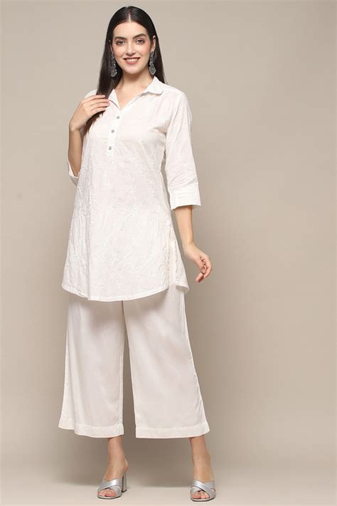 Buy White Cotton Embroidered Straight Short Kurta Online at Biba India