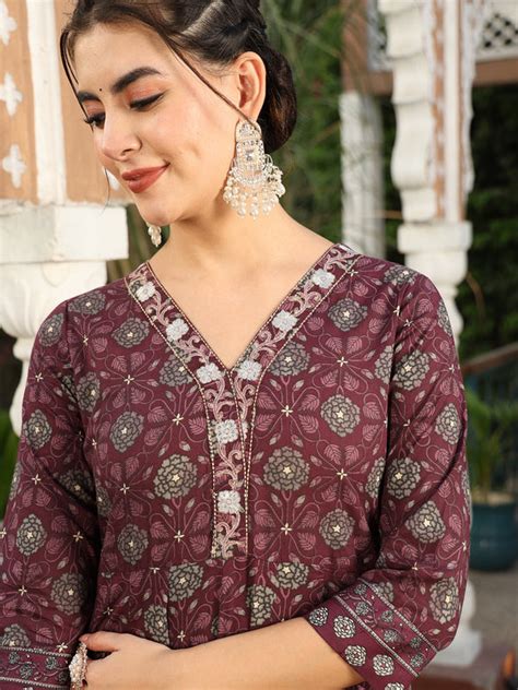 Wine Cotton Calf Length Printed Anarkali V-Neck Kurta Suit Set ...