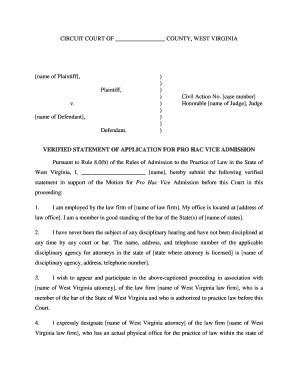 Fillable Online VERIFIED STATEMENT OF APPLICATION FOR PRO HAC VICE ...