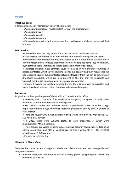 Malaria - Dr vikasini - Malaria Infectious agent: 5 different species ...