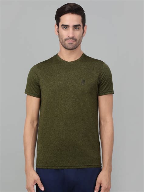 Men's Olive Green Melange Round neck Half Sleeve T-Shirt with chest pr ...