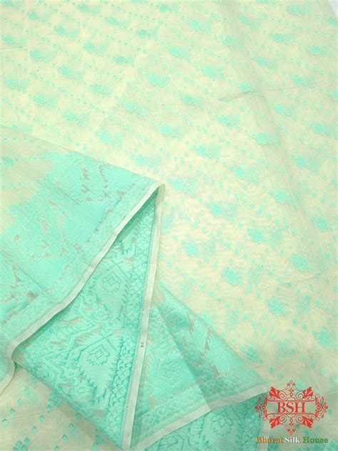 Off White/C Green Woven Banarasi Cotton Saree - Bharat Silk House ...