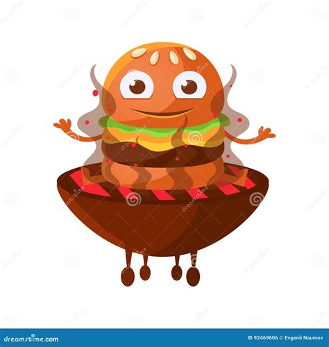 Funny Smiling Burger with Big Eyes Sitting on the Hot BBQ Charcoal Grill. Cute Cartoon Fast Food ... - Grill Emoji