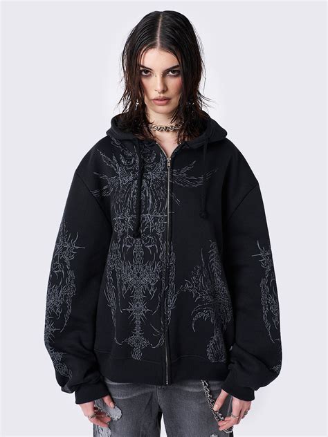 Black Oversized Zip Up Hoodie with Abstract Print - Grunge Clothing ...
