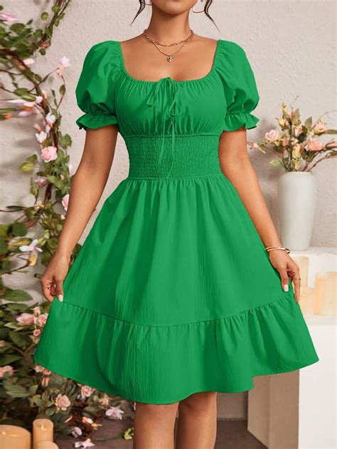 Calvaya Ruffled Hem Square Neck Twist Detail Short Sleeve Dress | SHEIN USA