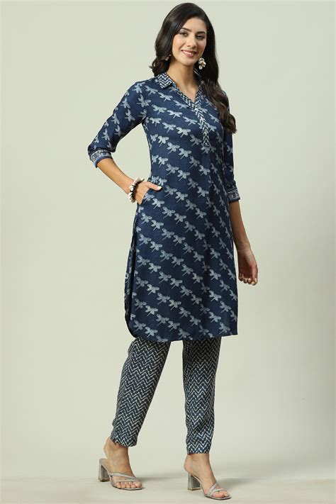 Buy Indigo LIVA Straight Printed Kurta Online at Biba India