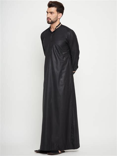Nabia Black Solid Mens Band Collar Thobe / Jubba with Beige Piping Des