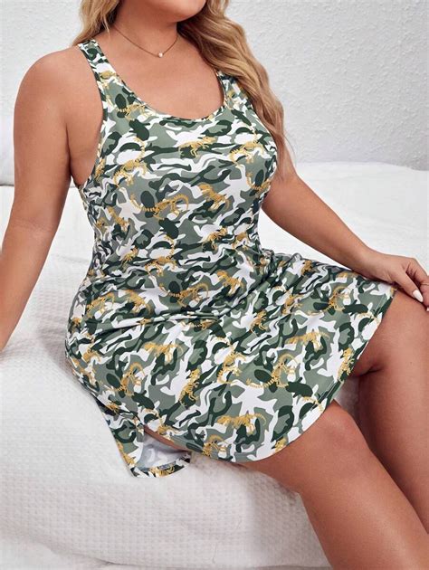 SHEIN Women's Plus Size Camo Dinosaur Skeleton Printed Vest Sleep Dress ...