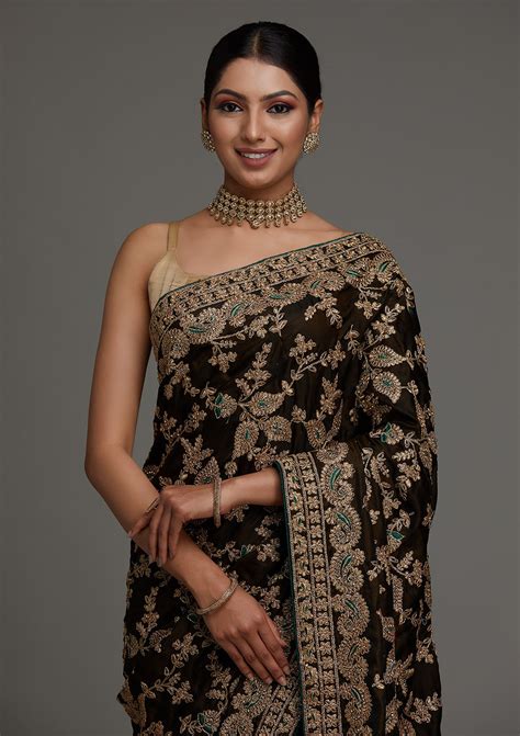 Buy Mehendi Zariwork Semi Crepe Saree - Koskii