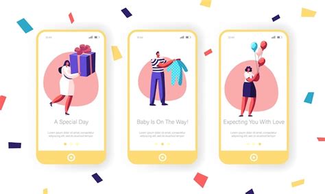 Happy people greeting friend with baby birthday mobile app page onboard ...
