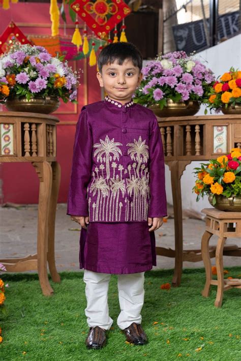 Royal Purple Silk Kurta with Gold Embroidered Nehru Jacket and White P ...