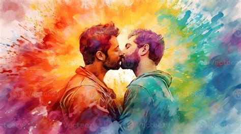 Gay couple kissing wallpaper, young handscome men, watercolor painting ...