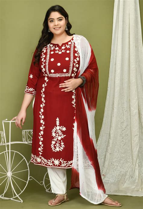 Plus Size Poetic Maroon Embroidered Kurta Pant Set with Dupatta ...