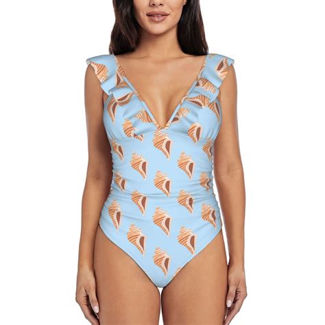 One Piece Swimsuits Women Tummy Control, Conch Print Light Blue Bathing ...