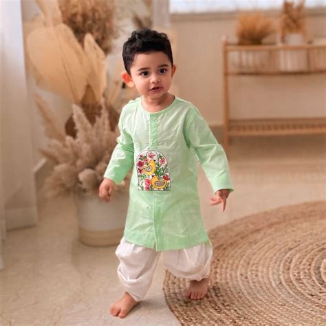 Keebee Organic Cotton Embroidered Green Kurta paired with Dhoti Salwar ...