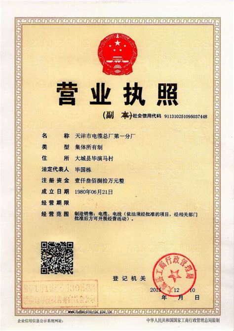 营业执照|单页-天津市电缆总厂第一分厂