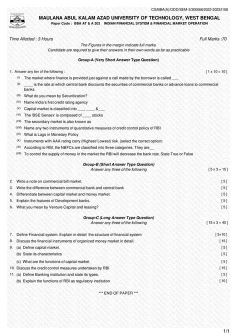 BBA AT A 303 Indian Financial System Financial Market Operation - [ 1 x ...