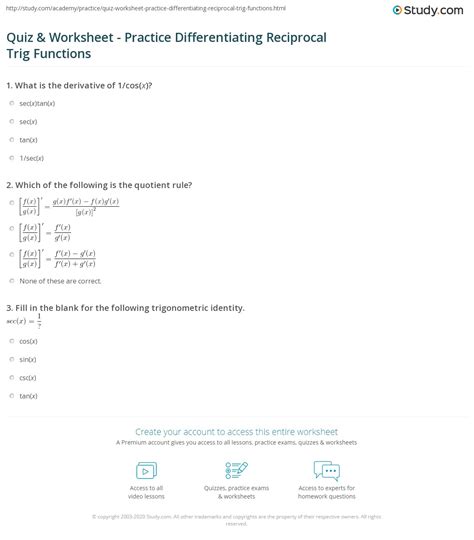 Quiz & Worksheet - Practice Differentiating Reciprocal Trig Functions ...