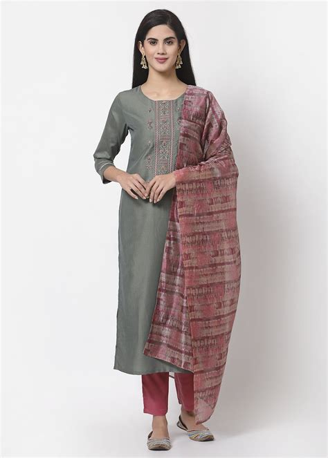 Get Grey Silk Blend Embroidered Kurta Pant And Dupatta Set at ₹ 1330 ...