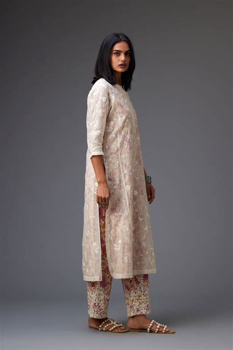 Off-white cotton chanderi kurta set with all-over jaal embroidery and ...