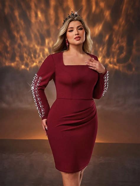 SHEIN Belle Plus Size Elegant Romantic Wine Red Square Neck Long Bubble ...