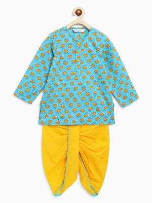 Buy Campana Boys Bansi Kamal Boota Blue & Yellow Dhoti Kurta (Set of 2 ...