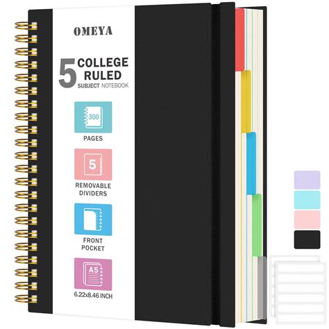 5 Subject Notebooks College Ruled, Spiral Lined Notebook with Removable ...