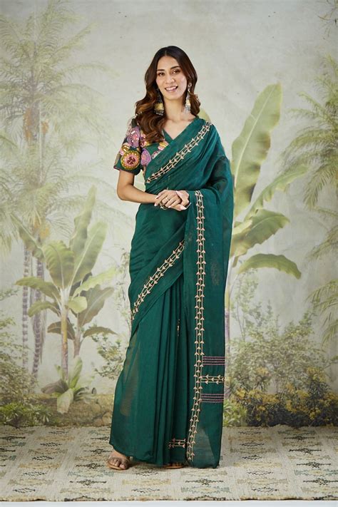 Green Aari Zardozi Saree with Blouse | Charkha Tales