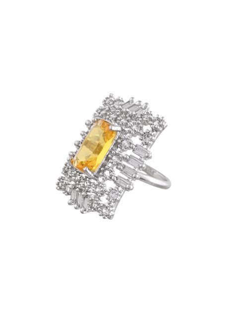 Buy Yellow American Diamond & Silver Plated Square Ring for Women ...