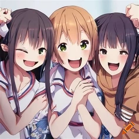Three anime girls laughing happily on Craiyon