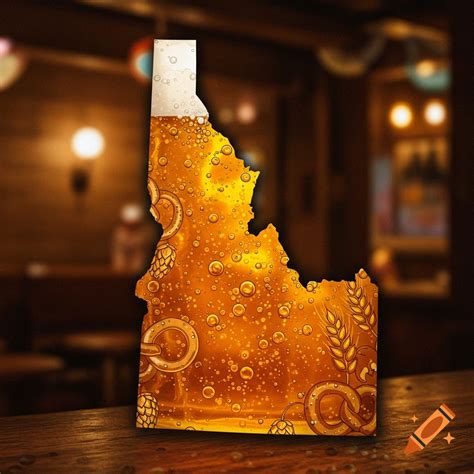 A silhouette of the state of Idaho filled with a frothy beer, hops, wheat, and pretzels, on a ...