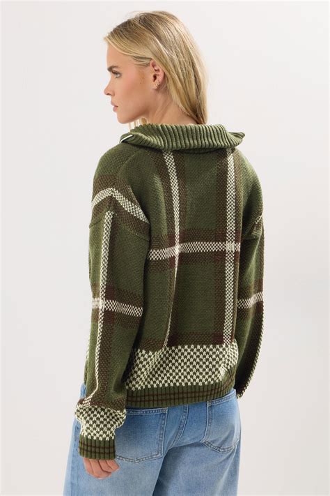 PixieGirl Petite Women's Green Knitted Check Zip Cardigan | PixieGirl
