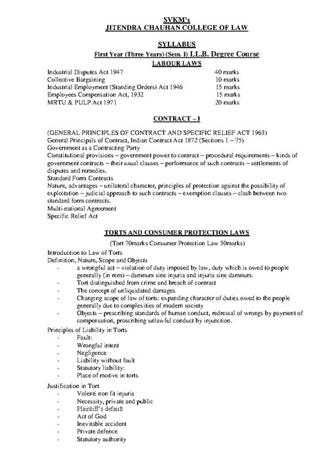LLB First Sem Syllabus: Labour Laws, Contracts, Torts, and More - Studocu